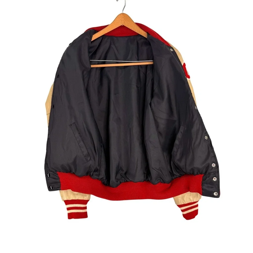 Vintage‎ Diamond Sports Tom Crowl Letterman Jacket Red Wool Tan Leather Size 44